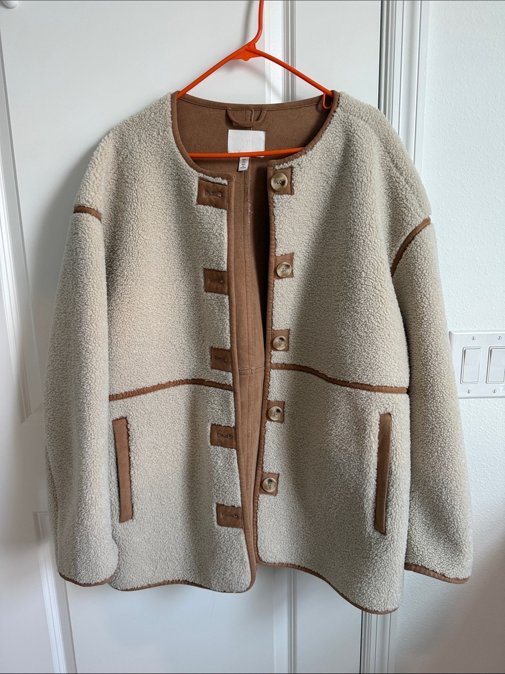 Cream Sherpa Jacket with Brown Trim - Women's Cozy Coat